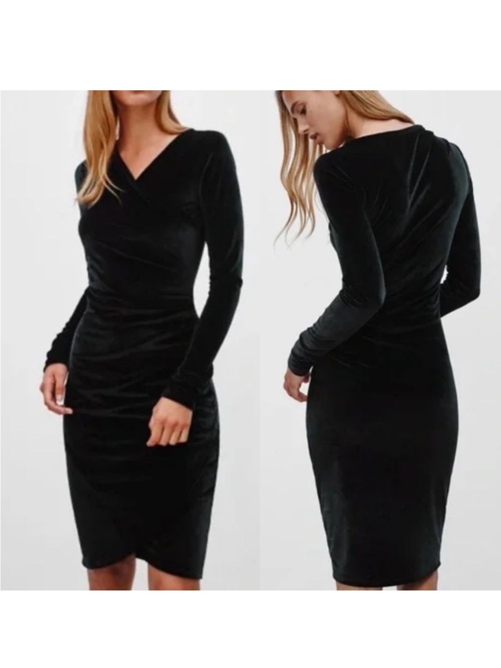 Aritzia Wilfred Free Black Velvet Dress Klum Size Medium V-Neck Ruching Velour M